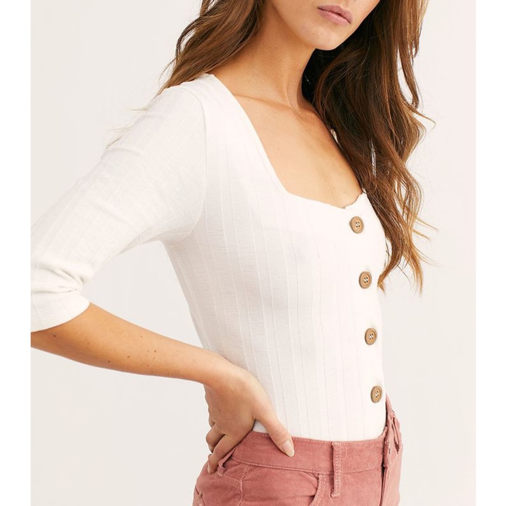 New Free People White Button Cardigan Top 3/4 Sleeves